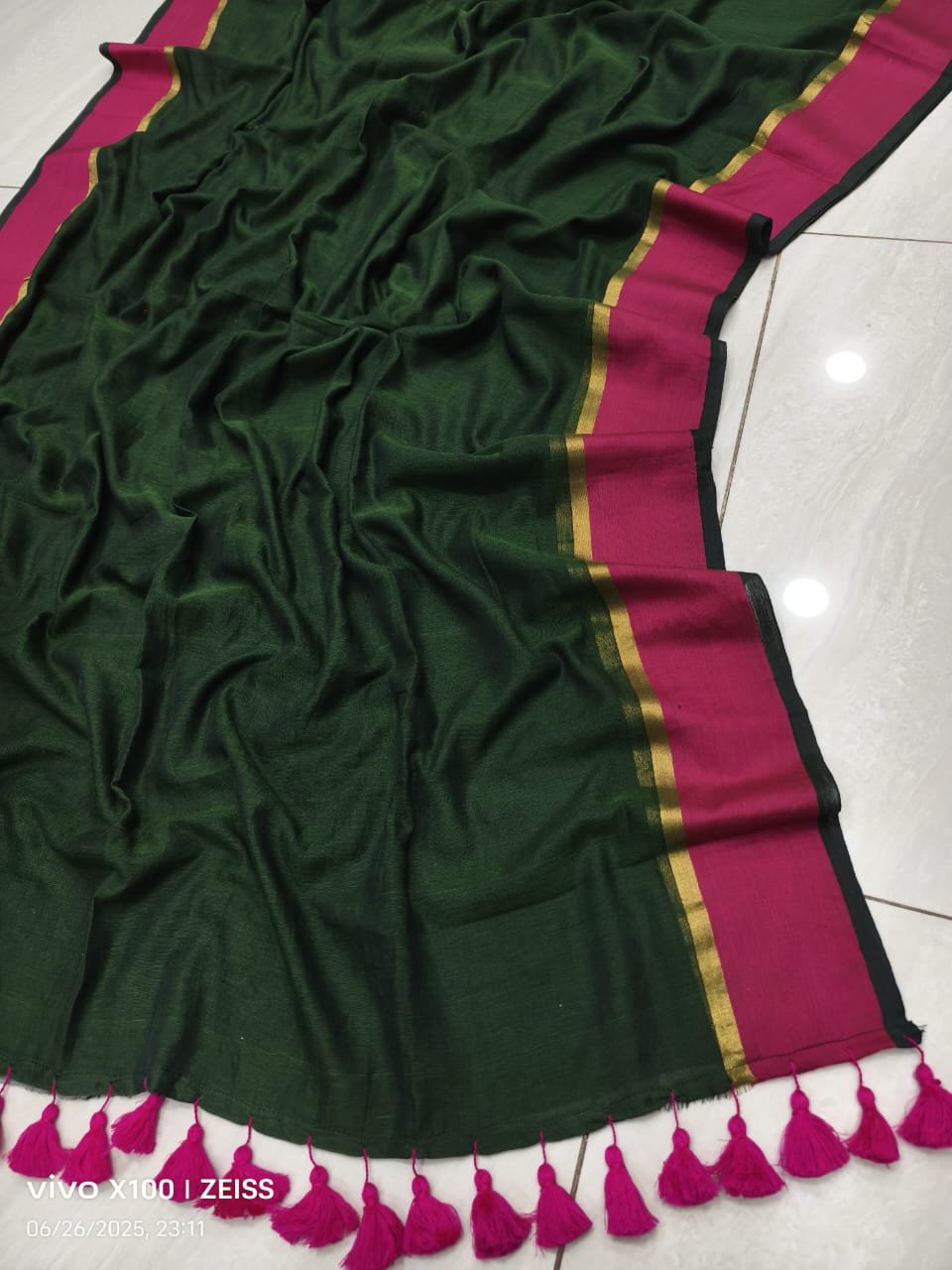 Green and Pink Colour Premium Party Wear Mul Cotton Sarees