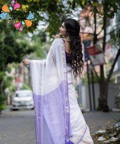 Alternative view of Onam White Mul Cotton Sarees