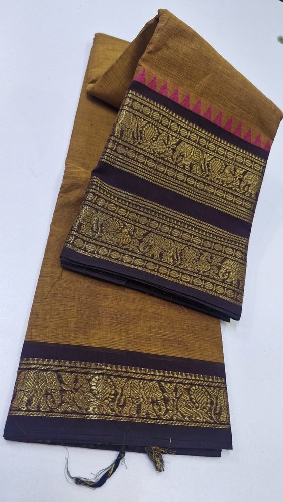 Mustard Yellow and Maroon Chettinad Cotton Saree - Image 2