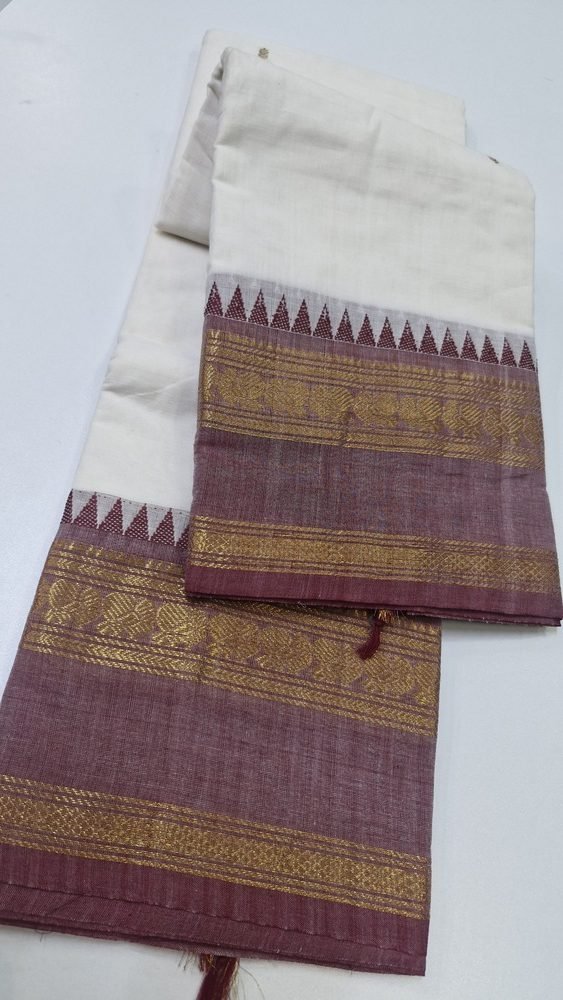 White and Red Chettinad Cotton Saree - Image 2