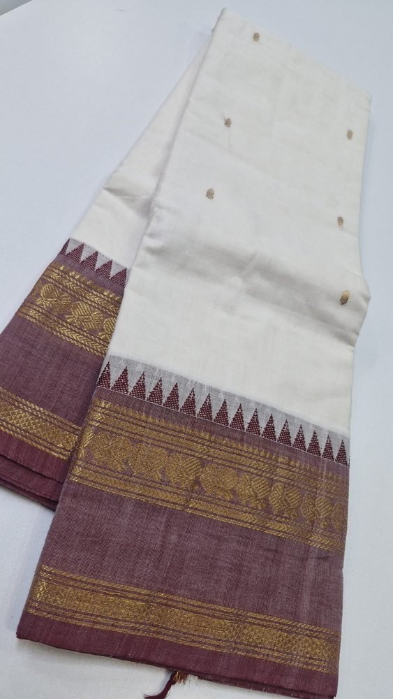 White and Red Chettinad Cotton Saree - Image 3