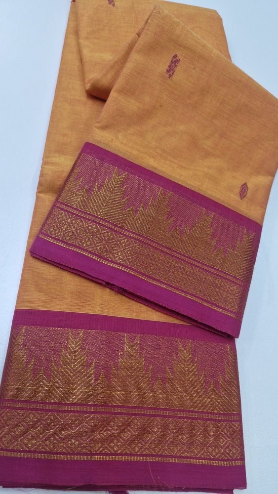 Carrot Orange and Pink Chettinad Cotton Saree - Image 3