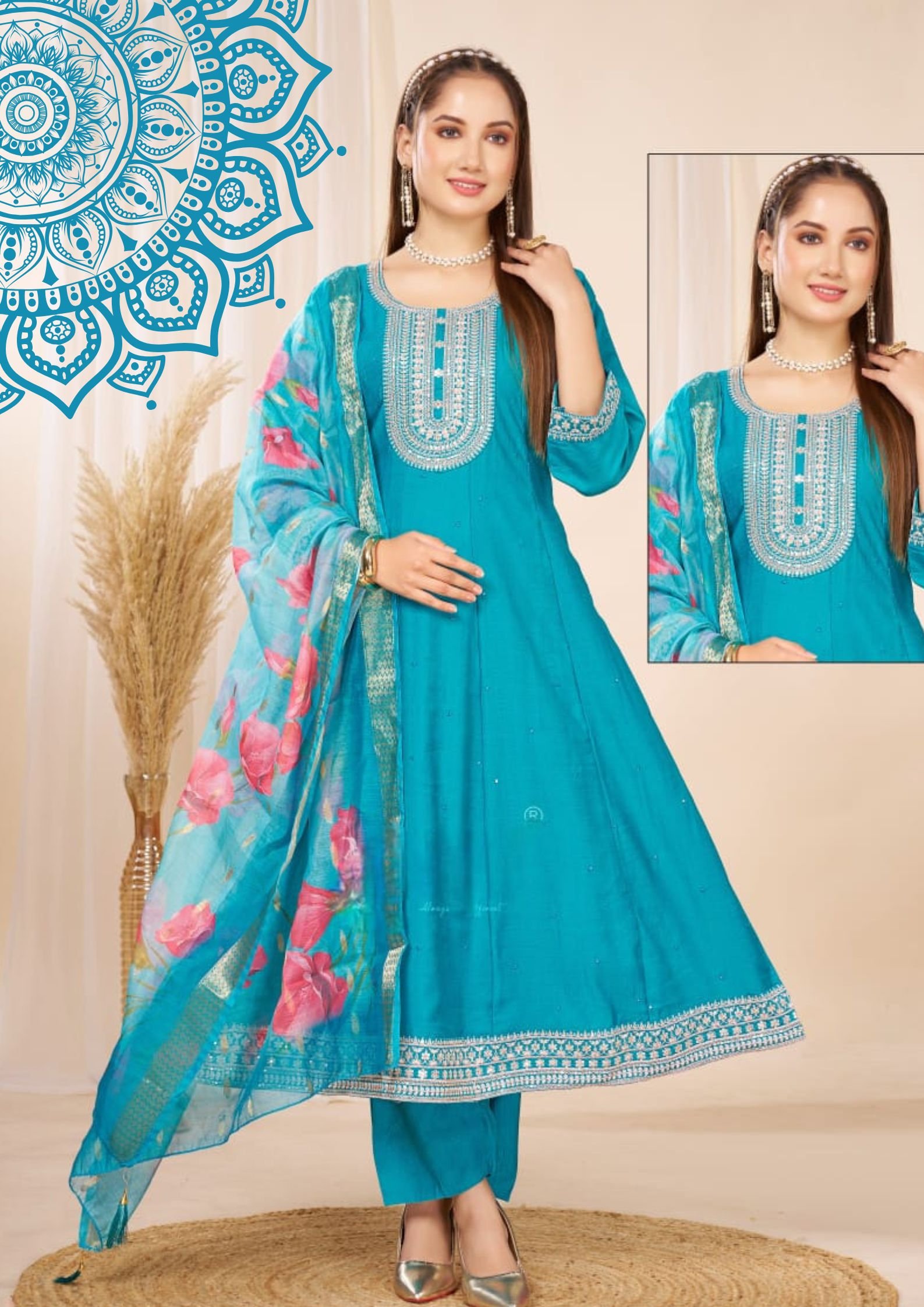 Electric Blue Colour Roman Silk Designer Premium Ready-Made Shalwar Suit
