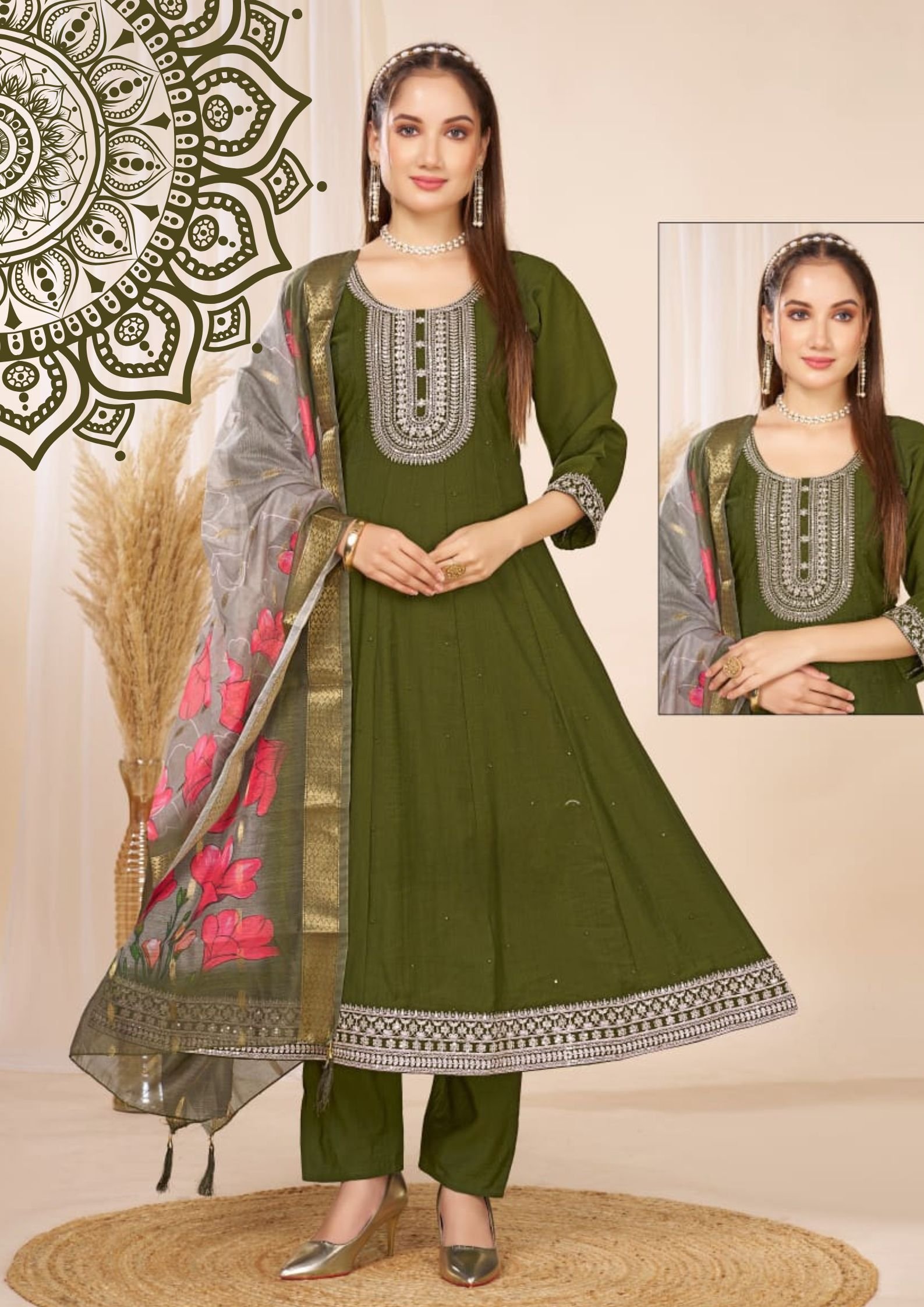 Army Green Colour Roman Silk Designer Premium Ready-Made Shalwar Suit