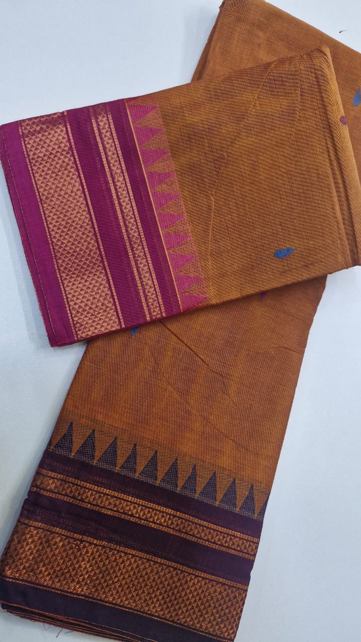 Musterd Yellow and Pink And Grey Double BoarderChettinad Cotton Saree Musterd Yellow and Pink And Grey Double BoarderChettinad Cotton Saree - Image 4