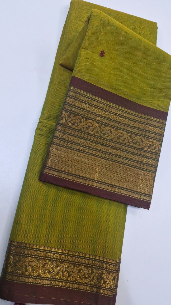 Lime Green and Light Purple Chettinad Cotton Saree - Image 3