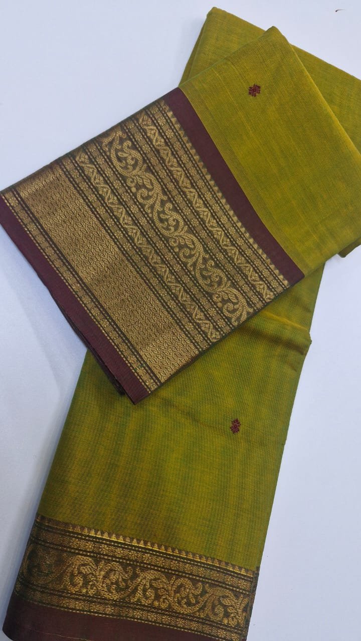 Lime Green and Light Purple Chettinad Cotton Saree - Image 2