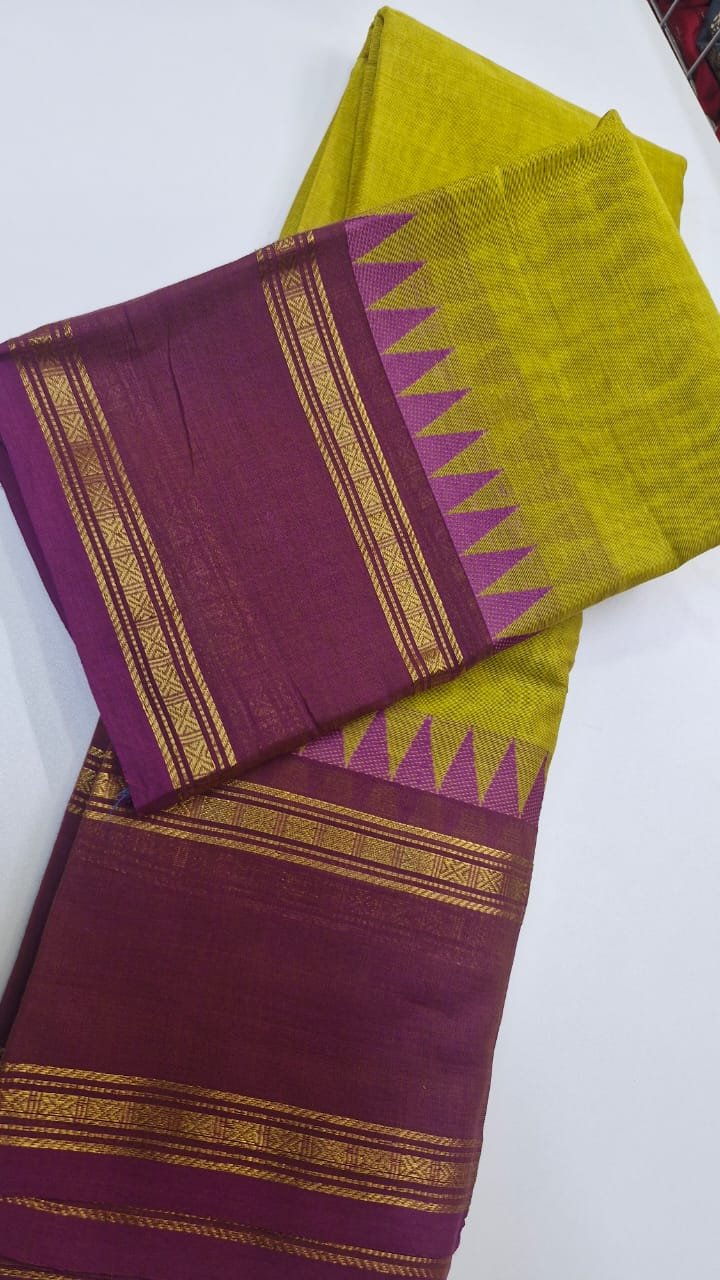 Yellow and Purple Chettinad Cotton Saree Yellow and Purple Chettinad Cotton Saree - Image 3