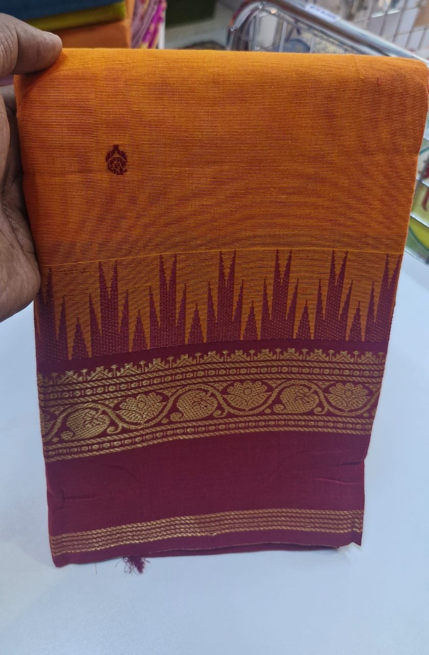 Orange and Red Chettinad Cotton Saree - Image 4