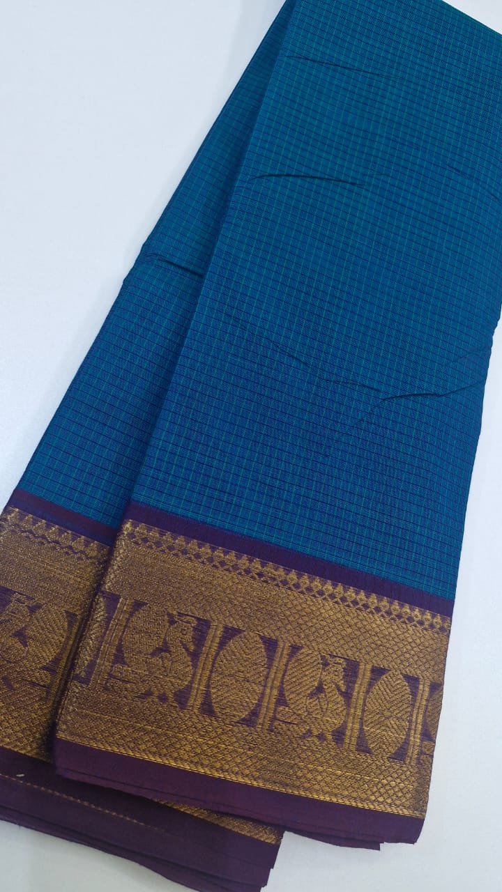 Blue and Purple Chettinad Cotton Saree - Image 4