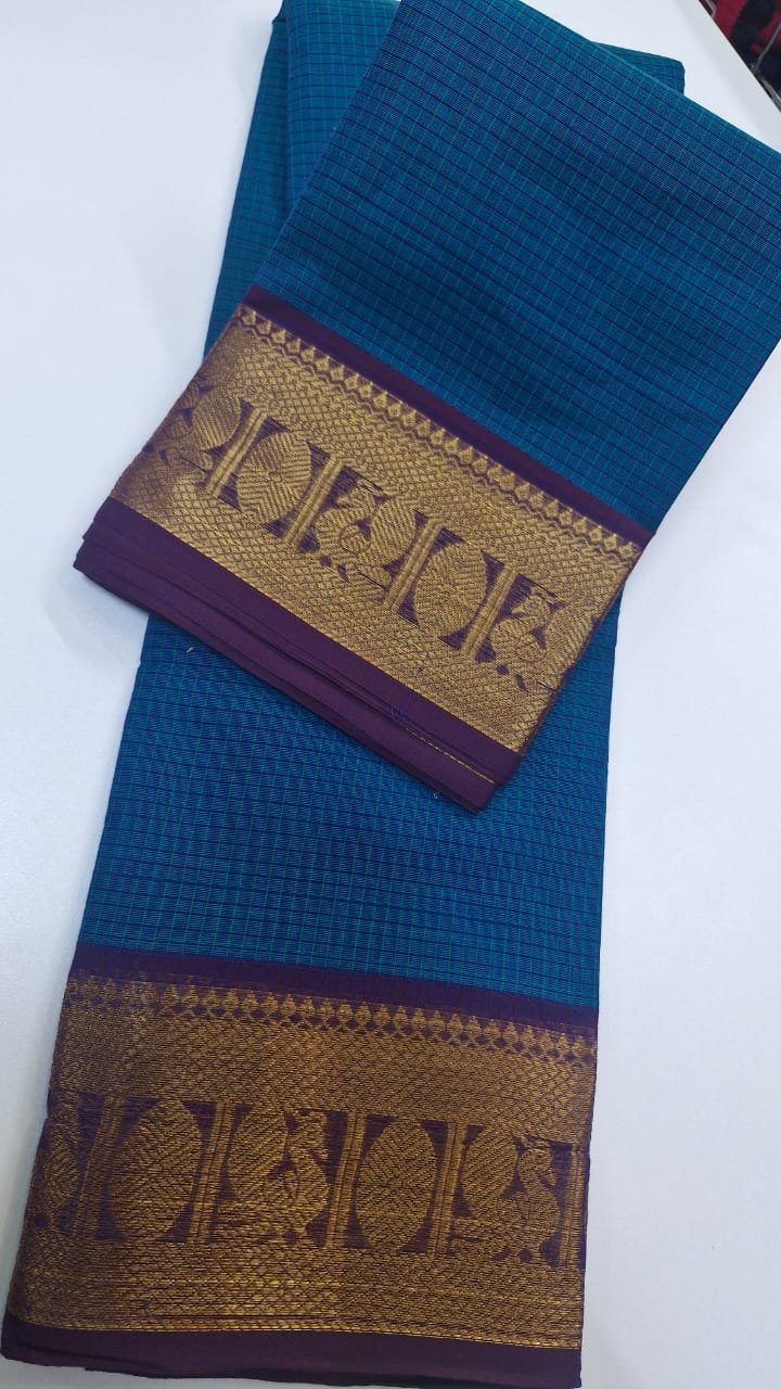 Blue and Purple Chettinad Cotton Saree - Image 2