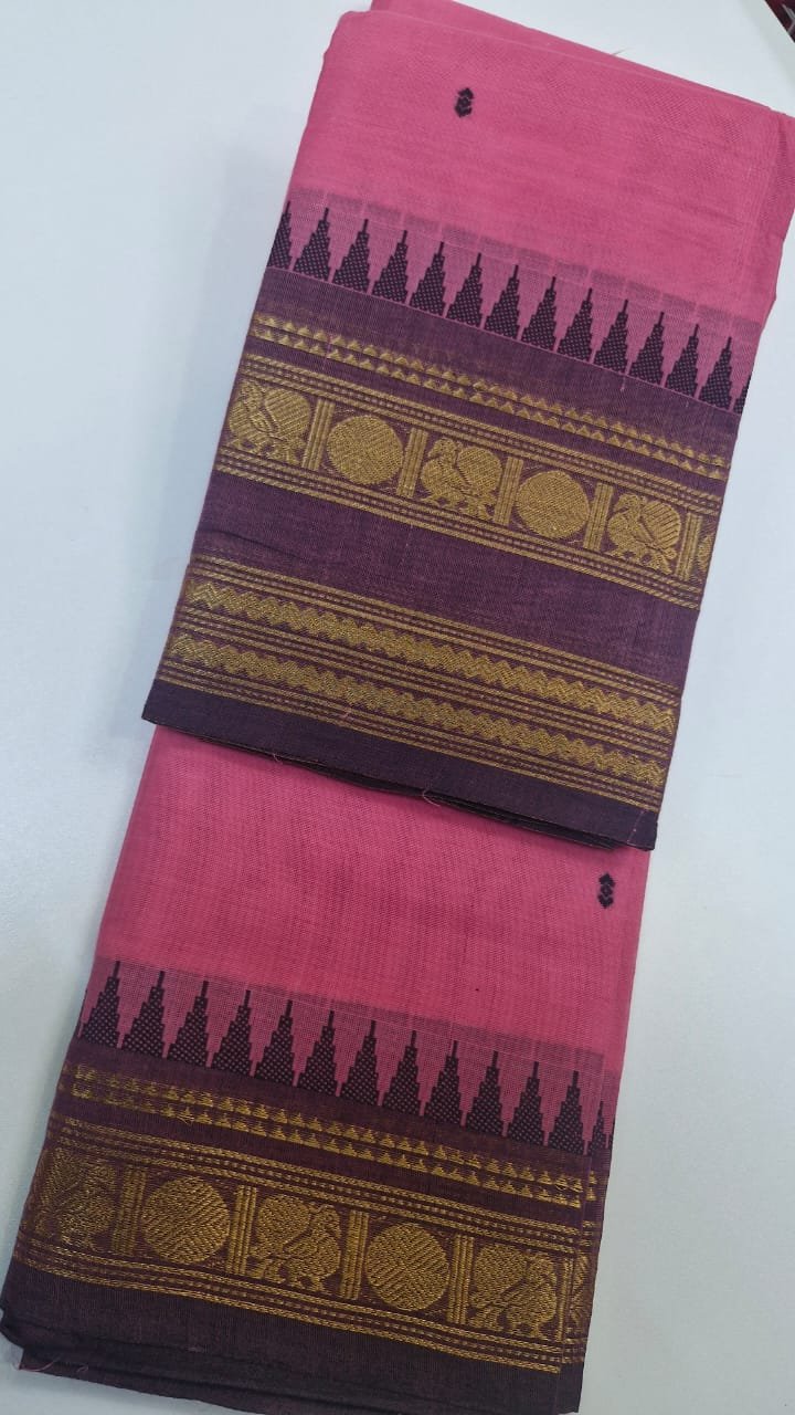Baby Pink and Light Brown Chettinad Cotton Saree Baby Pink and Light Brown Chettinad Cotton Saree - Image 3