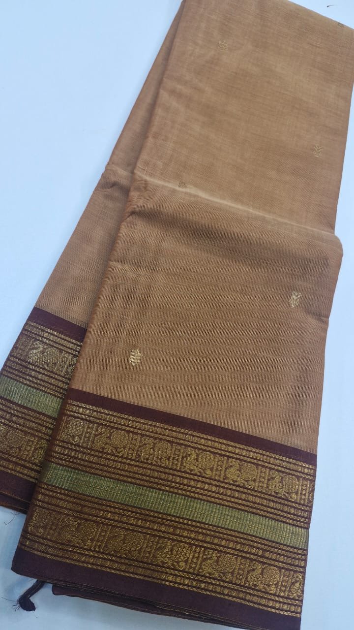 Beige and Dark Brown Chettinad Cotton Saree Beige and Dark Brown Chettinad Cotton Saree - Image 3