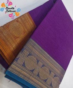 Purple and Yellow And Sky Blue Double Boarder Chettinad Cotton Saree