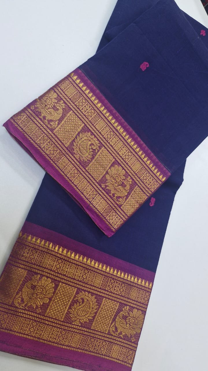 Navy Blue and Pink Chettinad Cotton Saree - Image 5