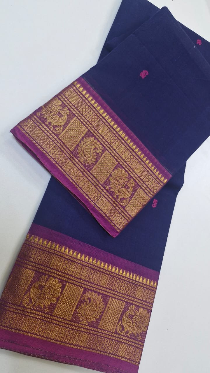 Navy Blue and Pink Chettinad Cotton Saree - Image 2