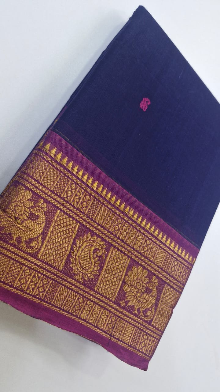 Navy Blue and Pink Chettinad Cotton Saree - Image 4