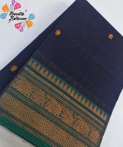 Dark Navy Blue and Peacock Green Chettinad Cotton Saree