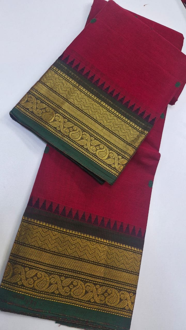 Red and Green Chettinad Cotton Saree - Image 5