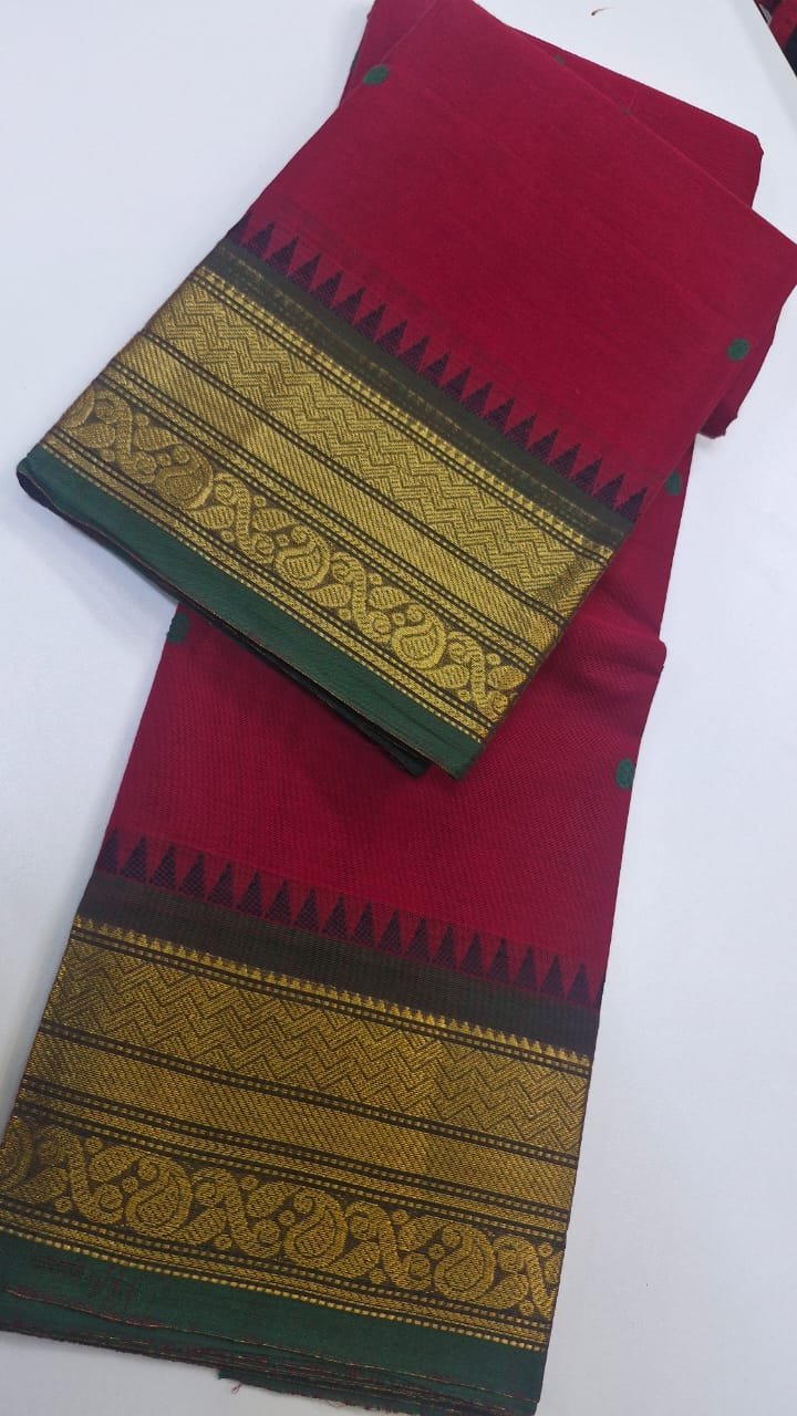 Red and Green Chettinad Cotton Saree - Image 4