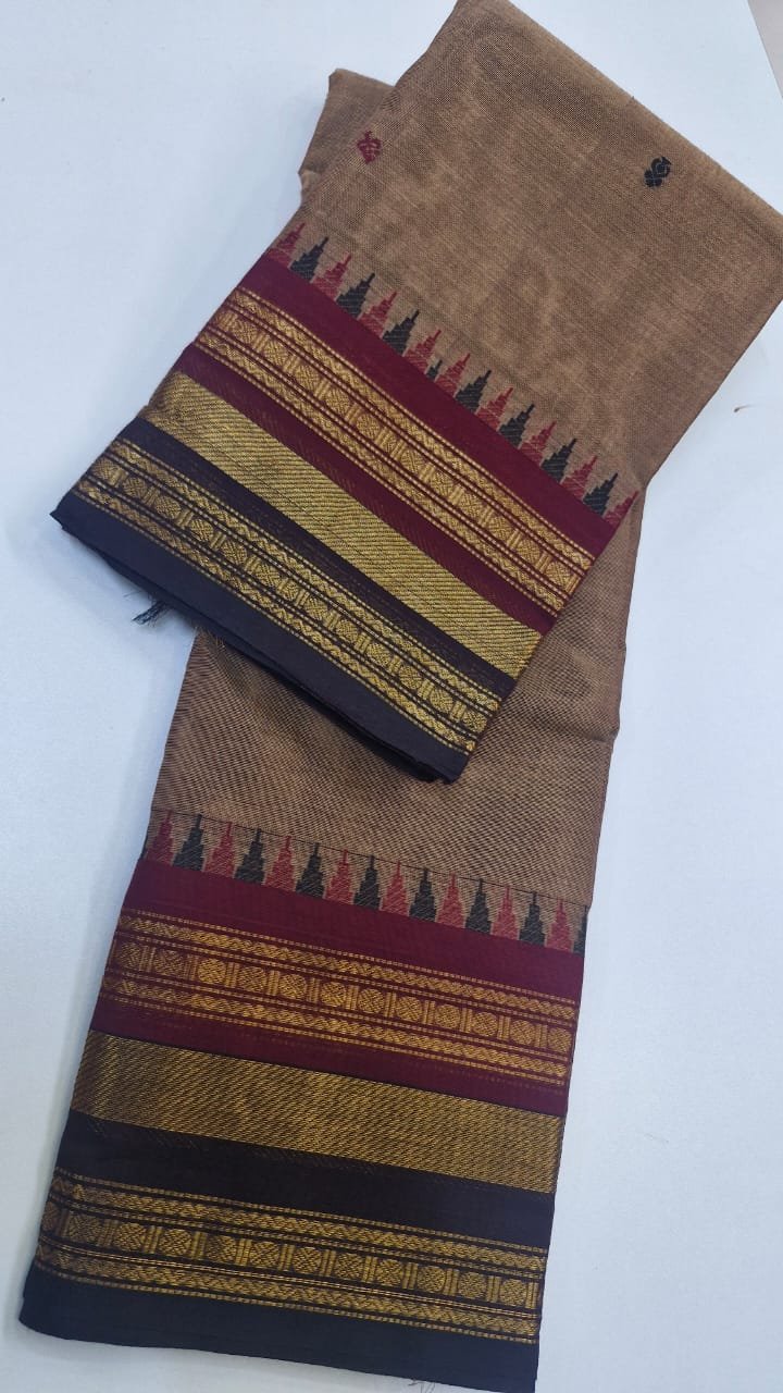 Mustard Gold and Red Black Chettinad Cotton Saree - Image 4