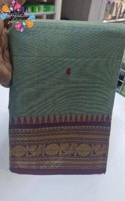 Mint Green and Brown And Green Double Boarder Chettinad Cotton Saree