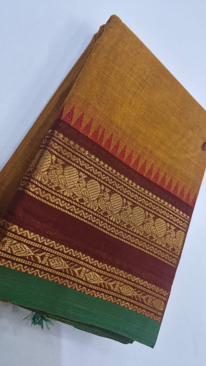 Musterd Yellow and Maroon Chettinad Cotton Saree