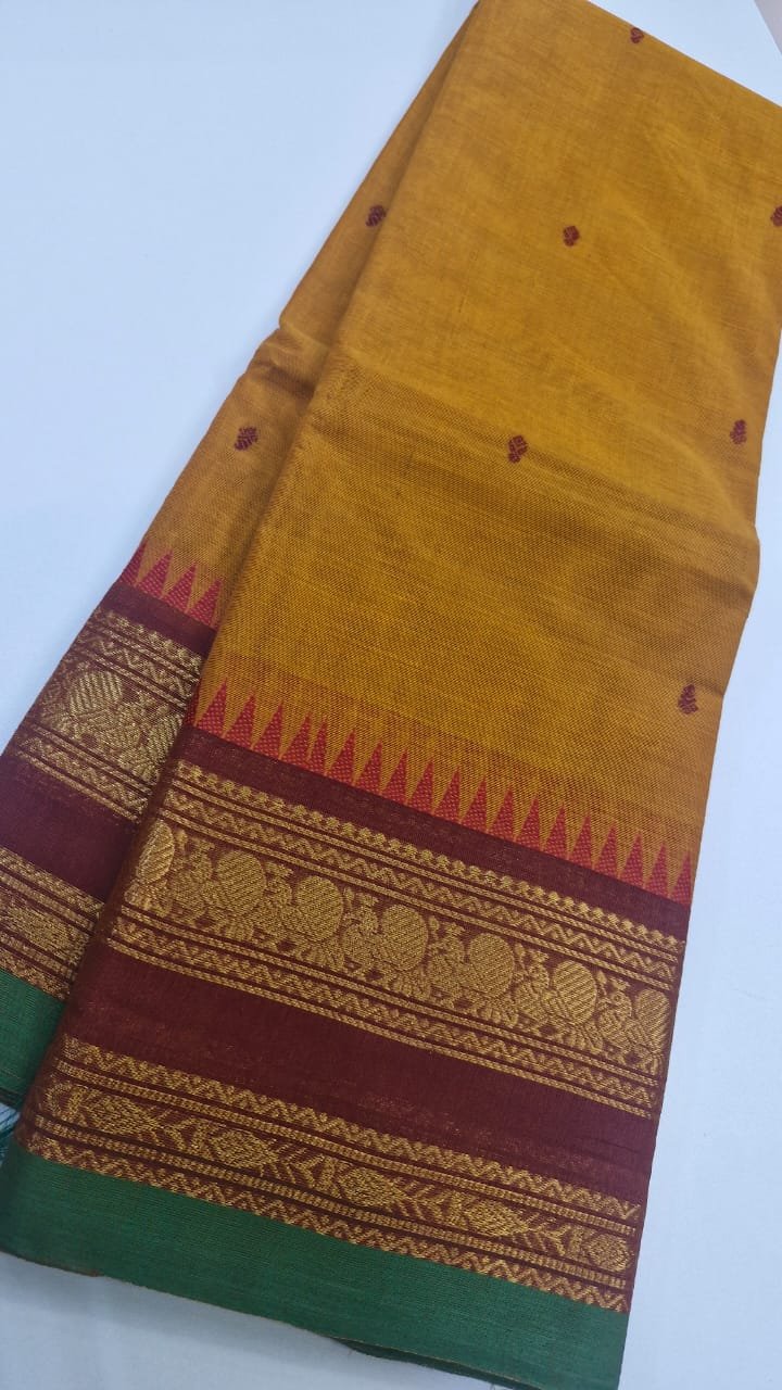Musterd Yellow and Maroon Chettinad Cotton Saree - Image 2