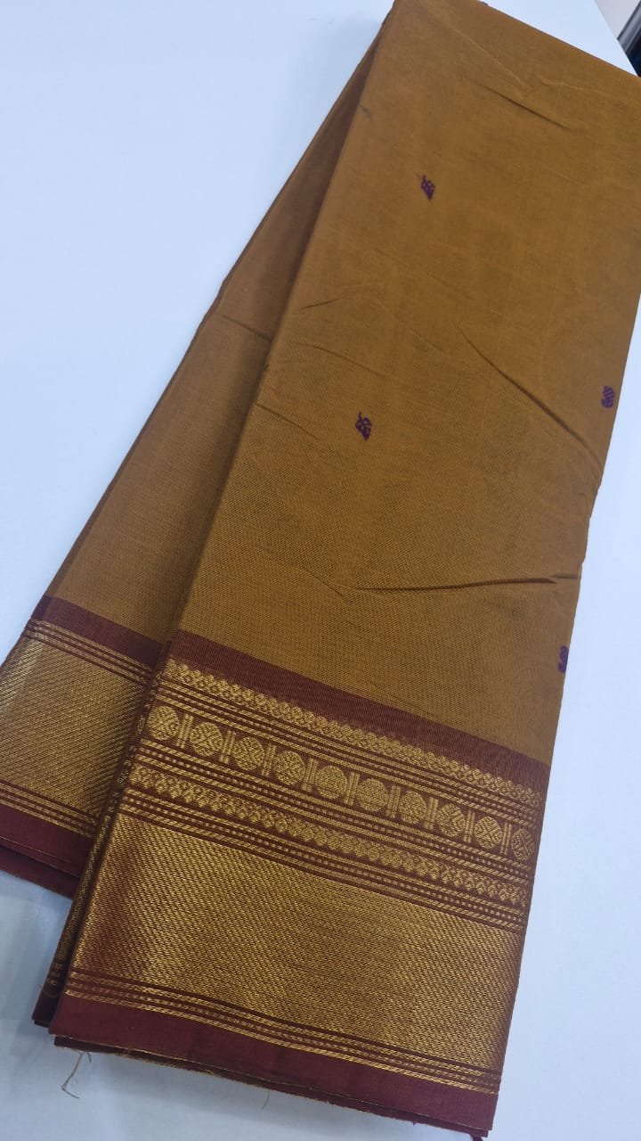 Bronze Gold and Chocolate Brown Chettinad Cotton Saree - Image 2