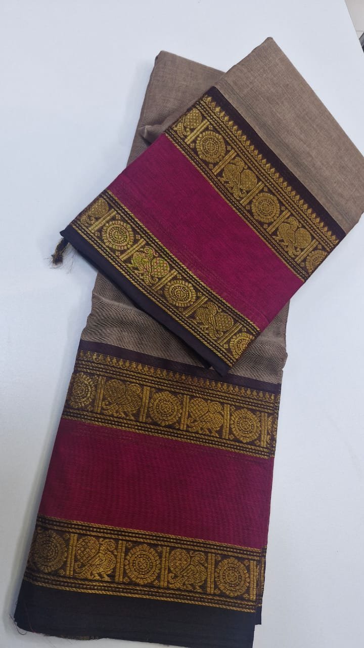 Grey and Magenta Chettinad Cotton Saree - Image 2