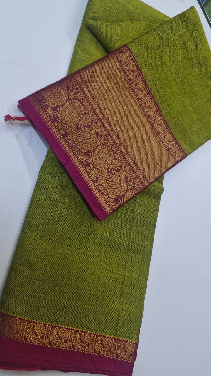 Lime Green and Magenta Chettinad Cotton Saree - Image 3