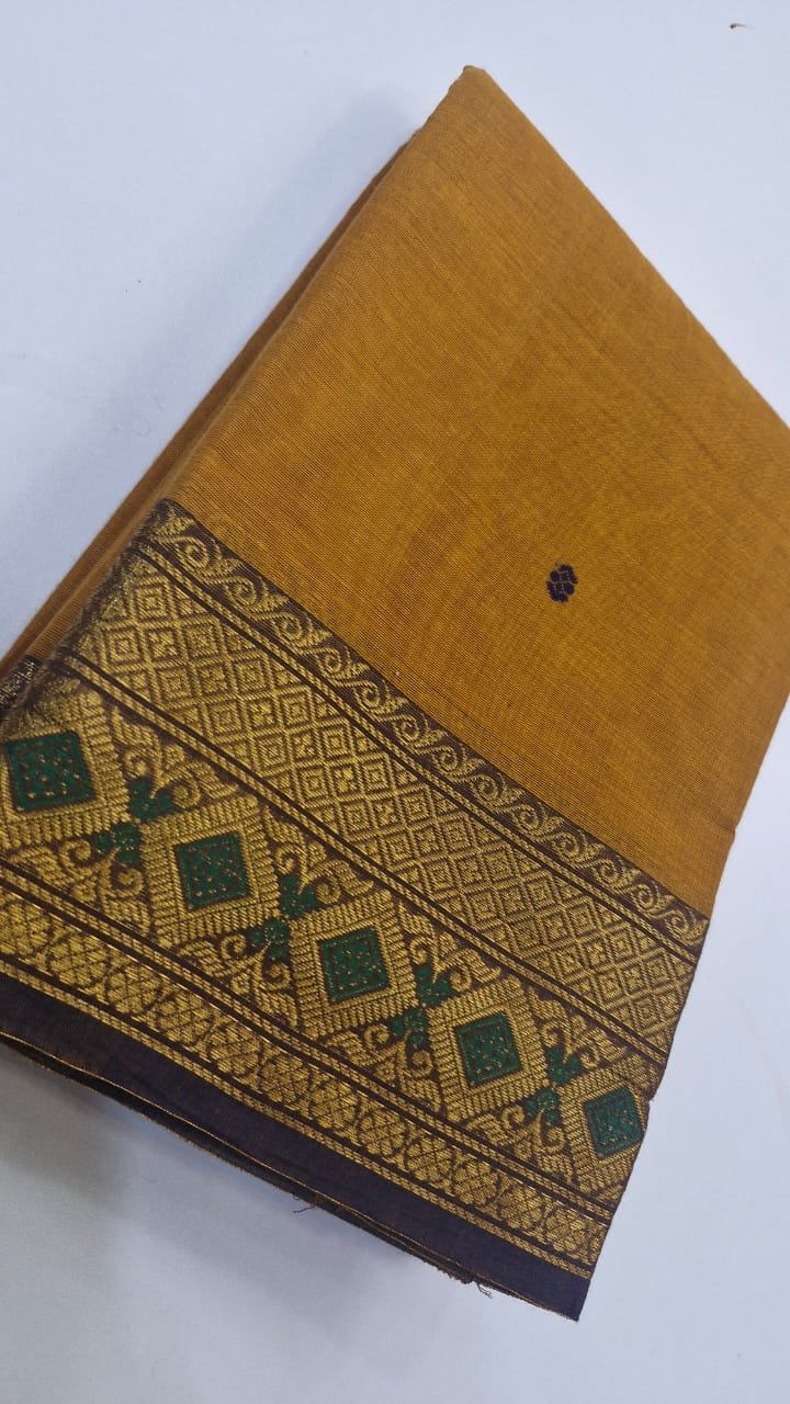 Musterd Yellow & Russet Brown Chettinad Cotton Saree