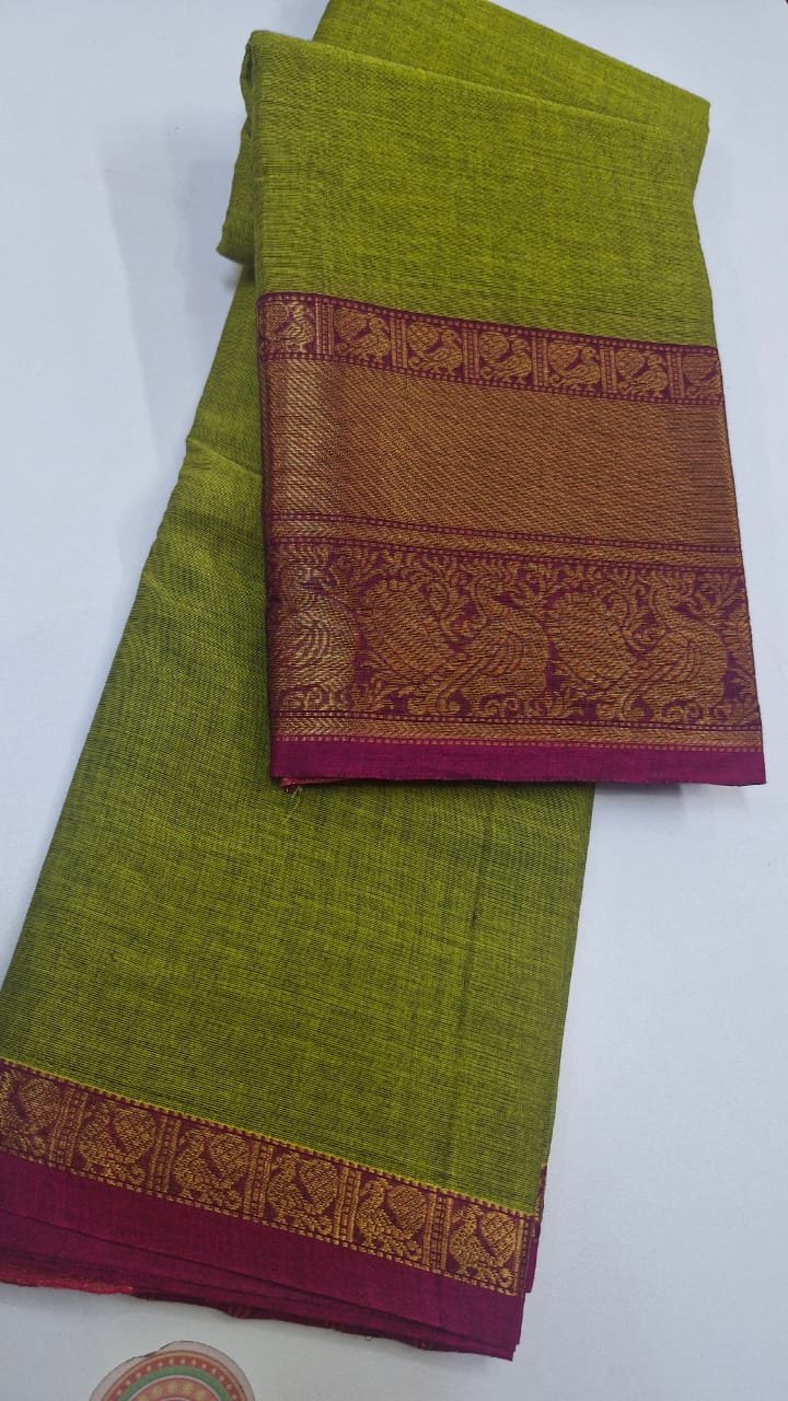 Lime Green and Magenta Chettinad Cotton Saree - Image 2