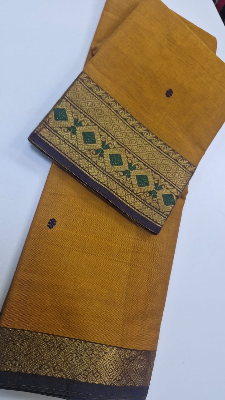 Musterd Yellow & Russet Brown Chettinad Cotton Saree - Image 2