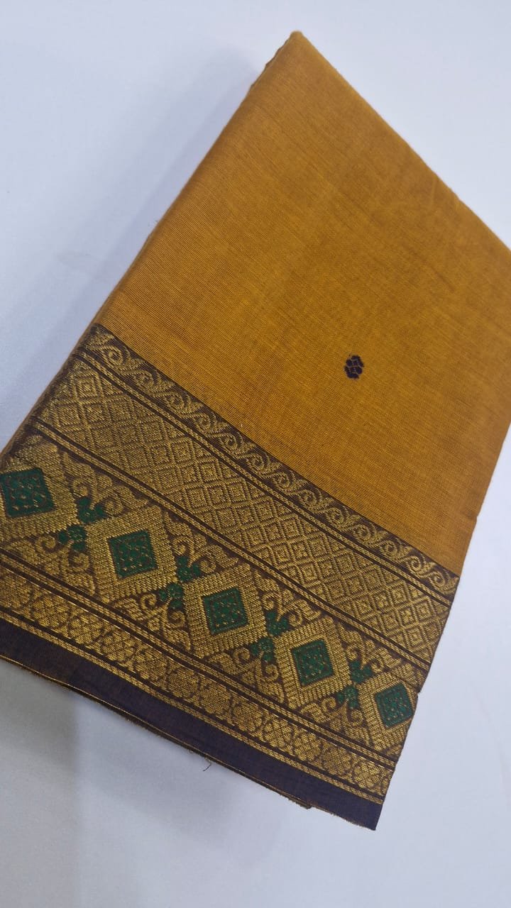 Musterd Yellow & Russet Brown Chettinad Cotton Saree - Image 3