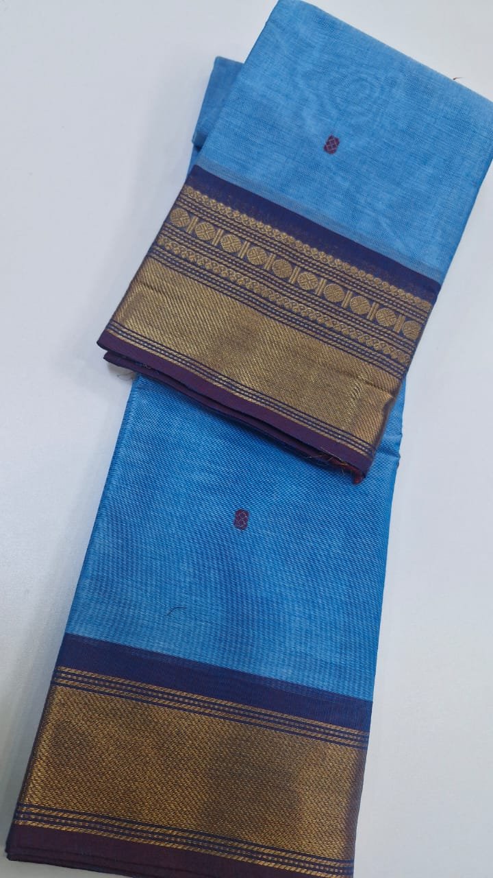 Sky Blue and Light Purple Chettinad Cotton Saree - Image 2