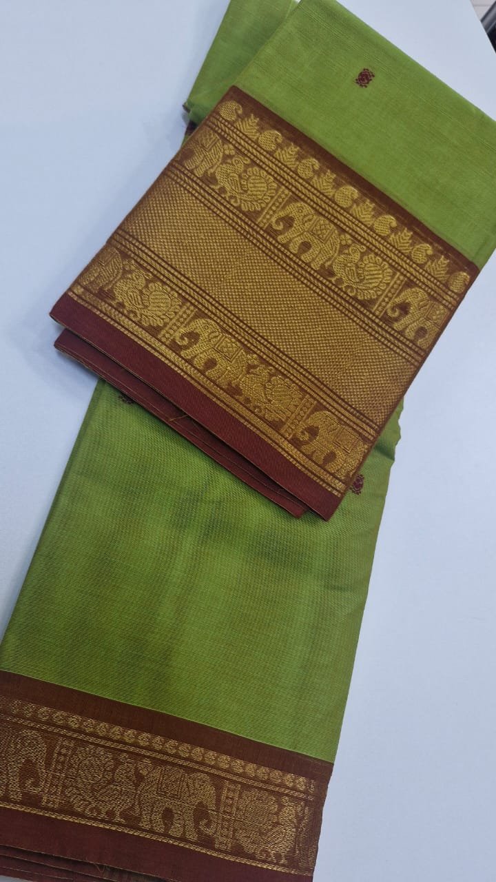 Apple Green and Dark Maroon Chettinad Cotton Saree - Image 2