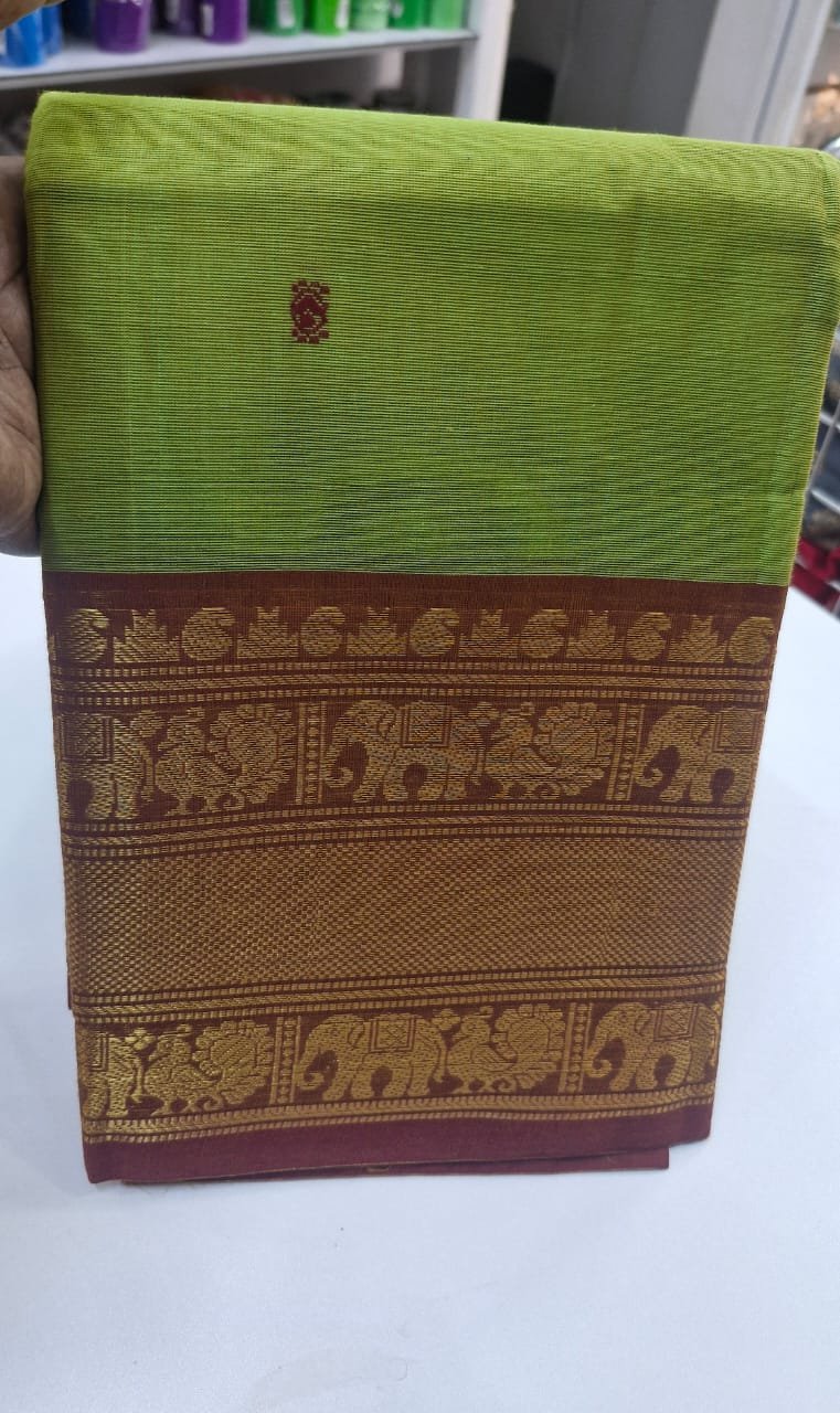 Apple Green and Dark Maroon Chettinad Cotton Saree - Image 4