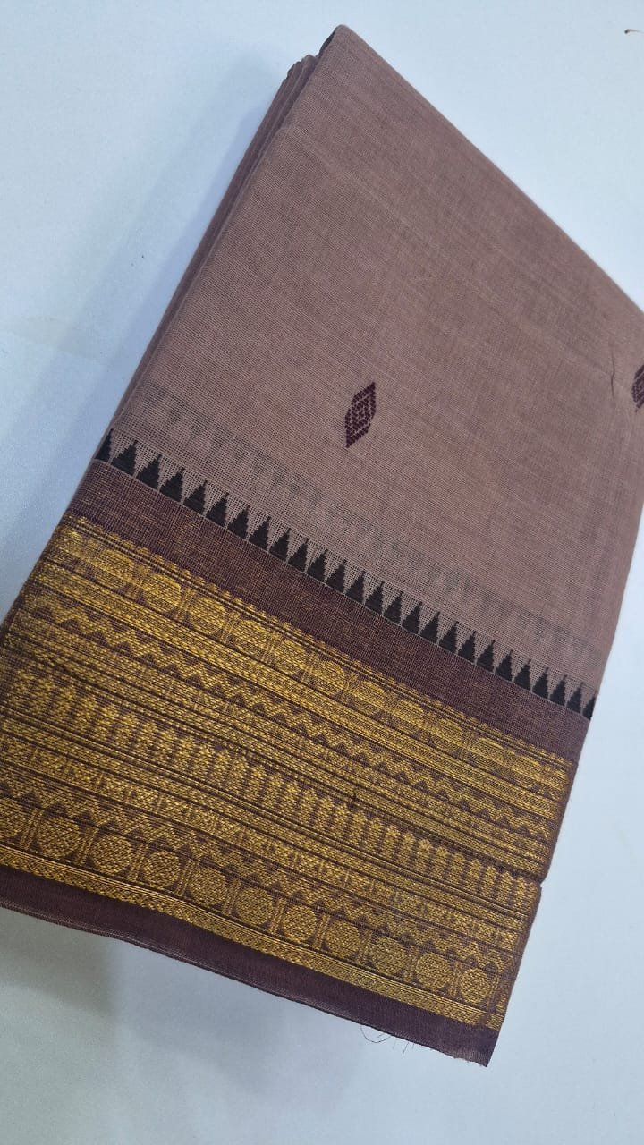 Light Peach and Brown Chettinad Cotton Saree - Image 2