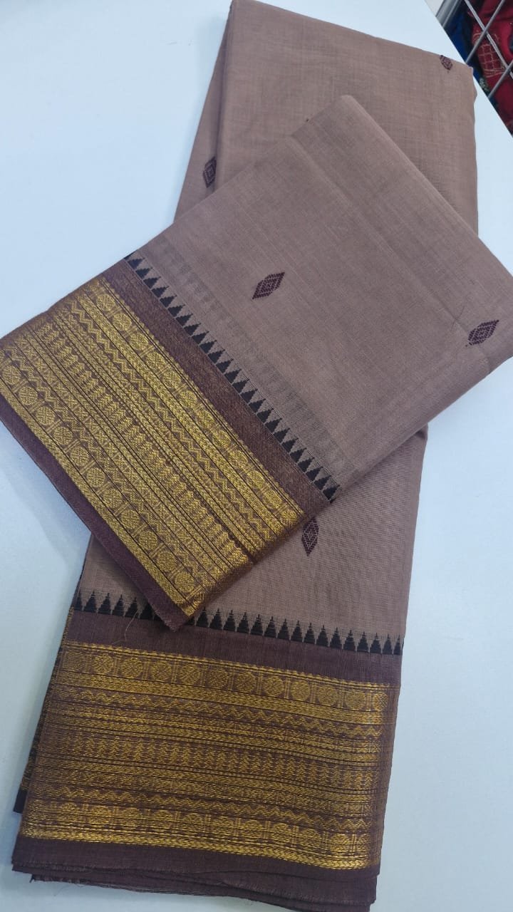 Light Peach and Brown Chettinad Cotton Saree - Image 6