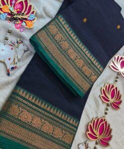 Dark Navy Blue and Peacock Green Chettinad Cotton Saree