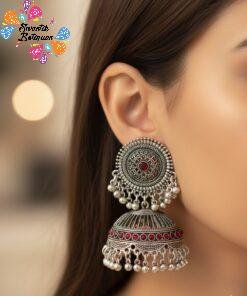 Pink Stone Designer Oxidised Silver Jhumkha