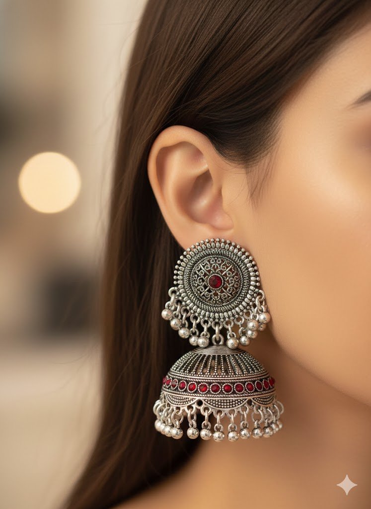 Pink Stone Designer Oxidised Silver Jhumkha Pink Stone Designer Oxidised Silver Jhumkha