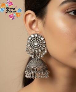 White Stone Designer Oxidised Silver Jhumkha