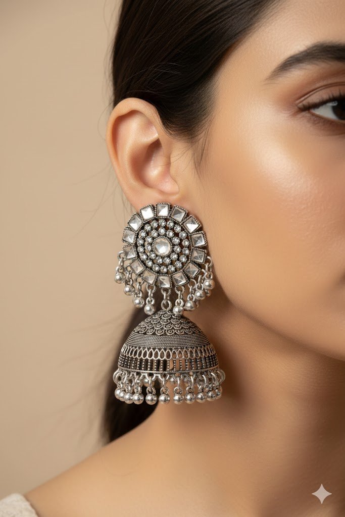 White Stone Designer Oxidised Silver Jhumkha White Stone Designer Oxidised Silver Jhumkha