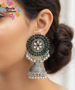 Green And White Stone With Flower Designer Oxidised Silver Jhumkha