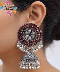 Red And White Stone With Flower Designer Oxidised Silver Jhumkha