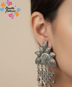 Latest Arrivals Alternative view of White Pearl And Floral Designer Oxidised Silver Earrings