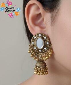 Latest Arrivals Alternative view of Mirror With White Stone Designer Oxidised Gold Jhumkha