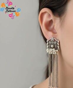 Latest Arrivals Alternative view of White Pearl And Floral Designer Oxidised Silver Earrings
